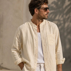 Amalfi Linen Mandarin Collar Shirt - Apricot - button-front - Hendlys - Image 5