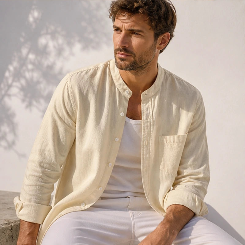 Amalfi Linen Mandarin Collar Shirt - Apricot - spring shirt - Hendlys - Image 7