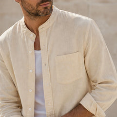 Amalfi Linen Mandarin Collar Shirt - Apricot - summer layers - Hendlys - Image 8