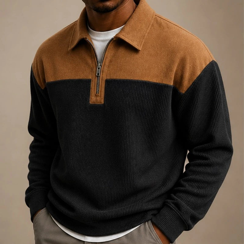 Farron Textured Colorblock Polo Sweater - Black - Clothing > Sweaters & Cardigans > Quarter-Zip Polo Sweaters - Hendlys - Image 1