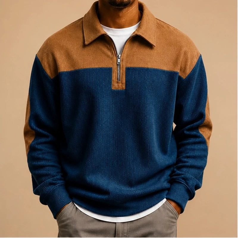 Farron Textured Colorblock Polo Sweater - Blue - Clothing > Sweaters & Cardigans > Quarter-Zip Polo Sweaters - Hendlys - Image 1