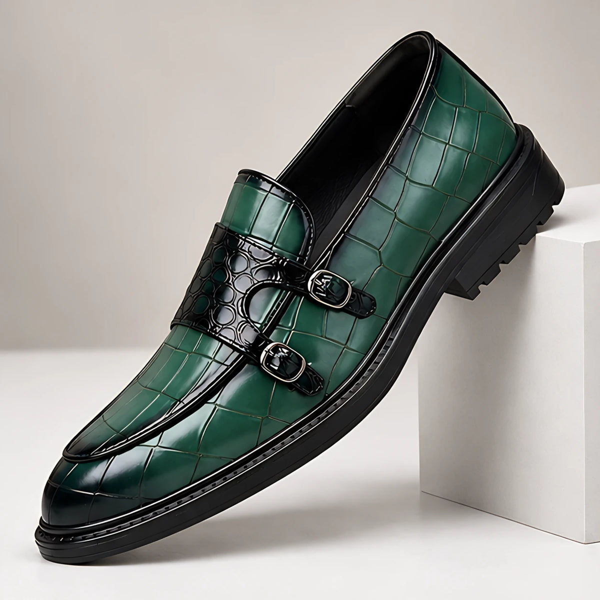 Ferrano Men's Croc-Embossed Double Monk Loafers - Pine Green - Men's Footwear > Dress Shoes > Double Monk Strap Loafers - Hendlys - Image 1
