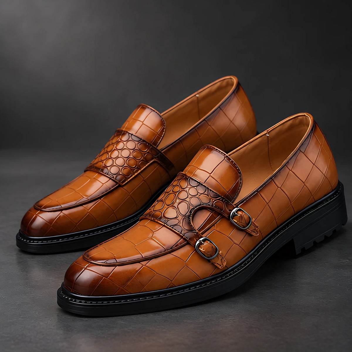 Ferrano Men's Croc-Embossed Double Monk Loafers - Cognac Brown - Men's Footwear > Dress Shoes > Double Monk Strap Loafers - Hendlys - Image 1