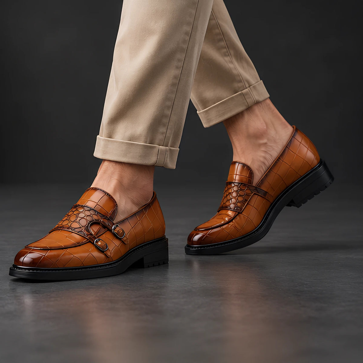 Ferrano Men's Croc-Embossed Double Monk Loafers - Cognac Brown - male - Hendlys - Image 4