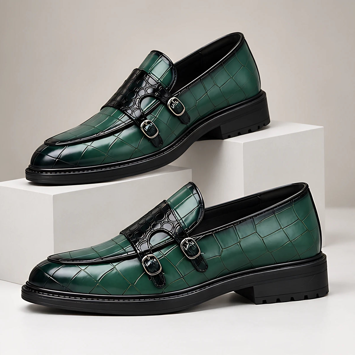 Ferrano Men's Croc-Embossed Double Monk Loafers - Pine Green - Shoes - Hendlys - Image 2
