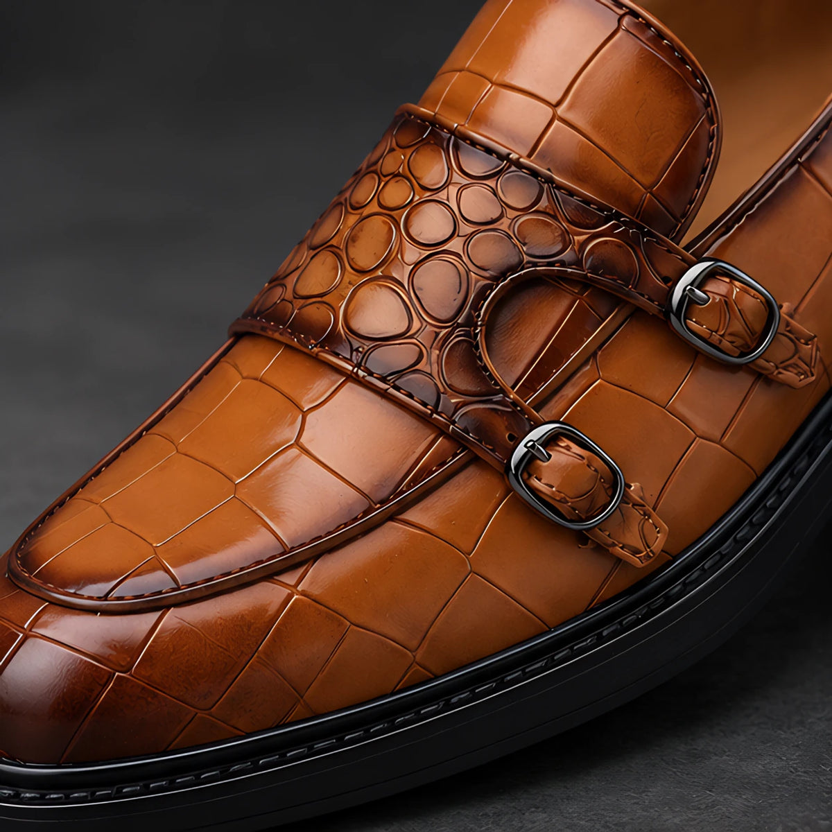 Ferrano Men's Croc-Embossed Double Monk Loafers - Cognac Brown - Men's Footwear > Dress Shoes > Double Monk Strap Loafers - Hendlys - Image 3