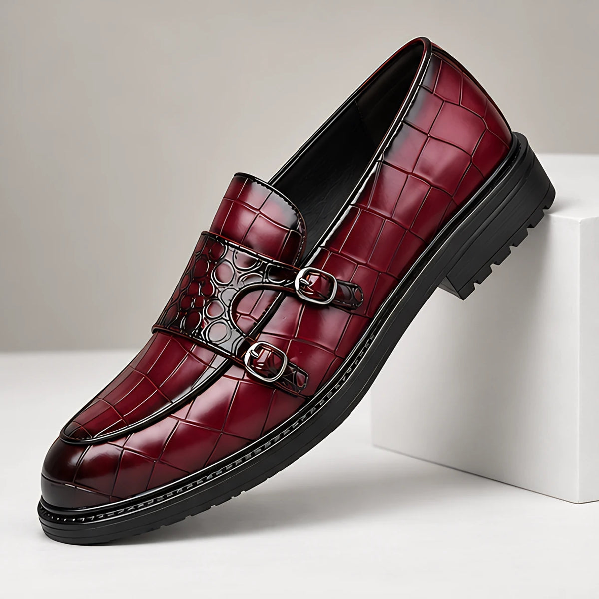 Ferrano Men's Croc-Embossed Double Monk Loafers - Wine Red - Men's Footwear > Dress Shoes > Double Monk Strap Loafers - Hendlys - Image 1