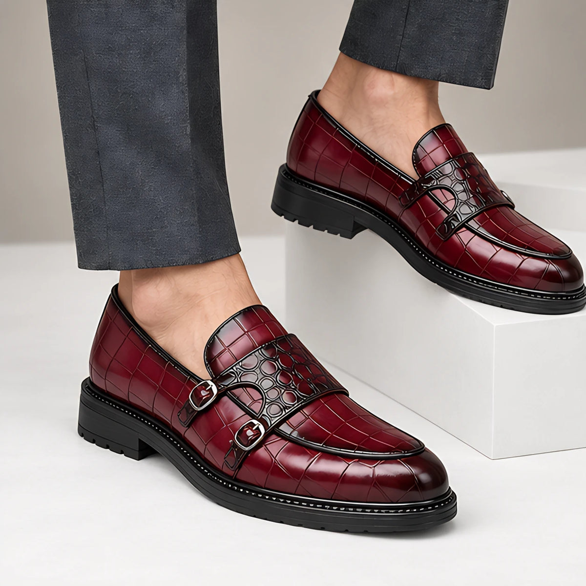 Ferrano Men's Croc-Embossed Double Monk Loafers - Wine Red - Men's Footwear > Dress Shoes > Double Monk Strap Loafers - Hendlys - Image 3