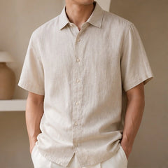 Fletcher Linen Short-Sleeve Shirt - Beige - Shirt - Hendlys - Image 1
