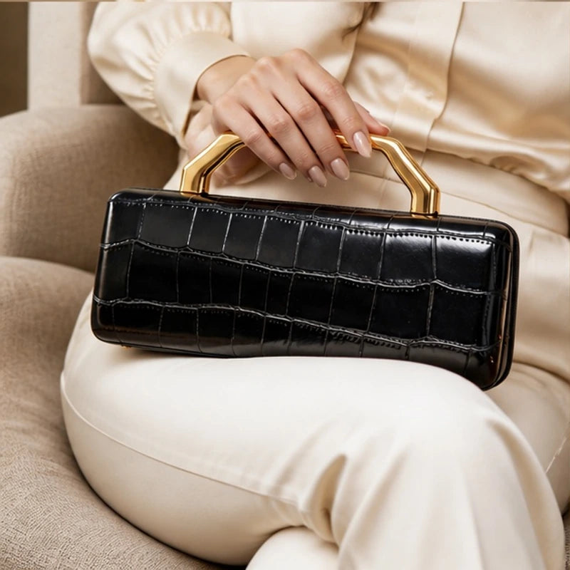 Florence Structured Croc-Embossed Leather Clutch - Black - Accessories > Handbags > Clutch Bags - Hendlys - Image 1