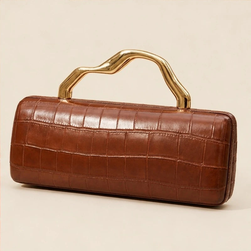 Florence Structured Croc-Embossed Leather Clutch - Gold Brown - Accessories > Handbags > Clutch Bags - Hendlys - Image 2