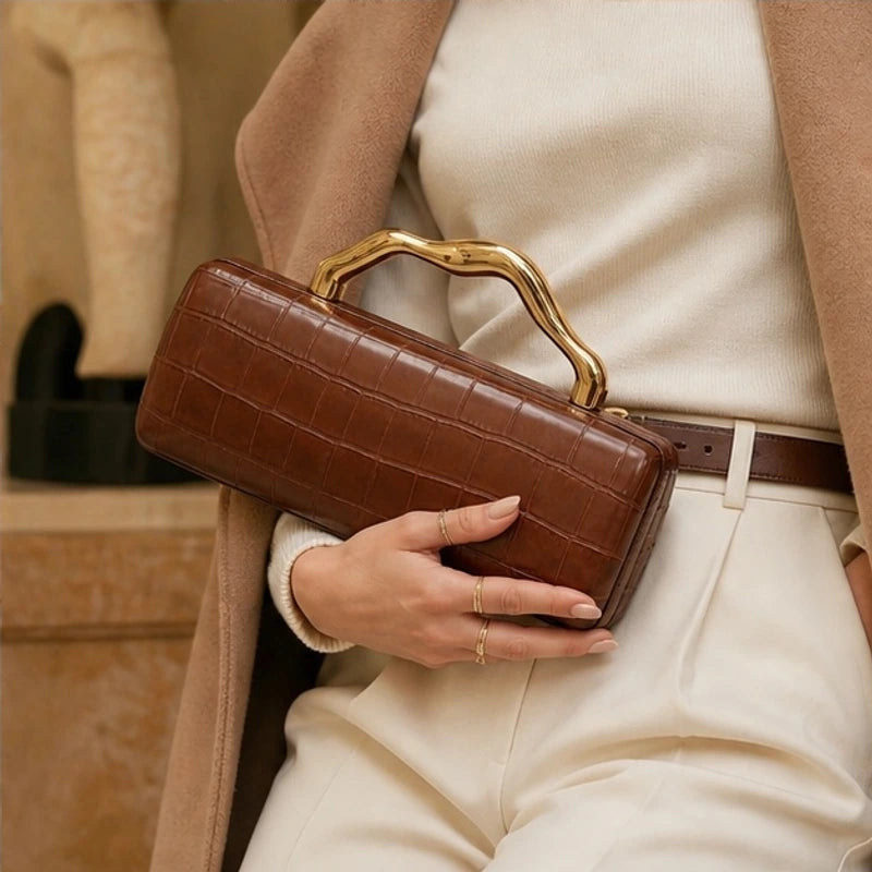 Florence Structured Croc-Embossed Leather Clutch - Gold Brown - Accessories > Handbags > Clutch Bags - Hendlys - Image 1