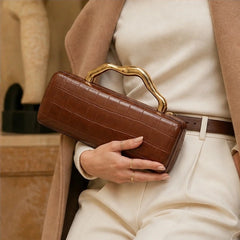 Florence Structured Croc-Embossed Leather Clutch - Gold Brown - Accessories > Handbags > Clutch Bags - Hendlys - Image 1