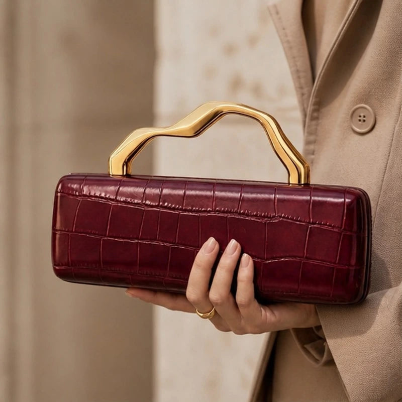 Florence Structured Croc-Embossed Leather Clutch - Burgundy - Accessories > Handbags > Clutch Bags - Hendlys - Image 1