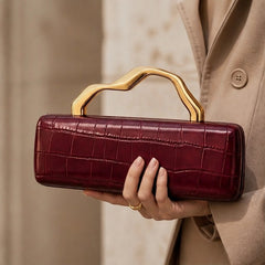 Florence Structured Croc-Embossed Leather Clutch - Burgundy - Accessories > Handbags > Clutch Bags - Hendlys - Image 1