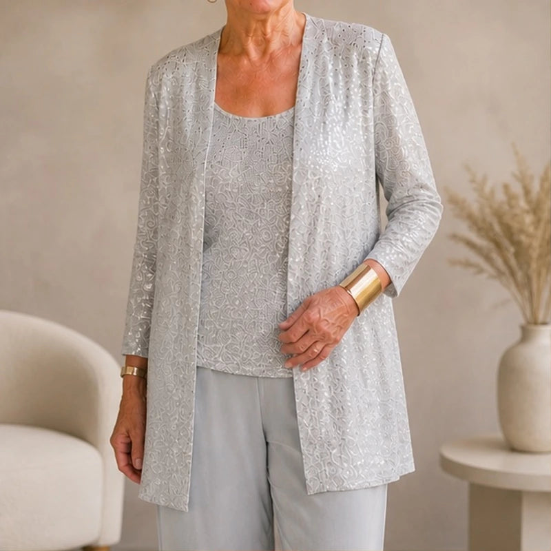 Galienne Sequined Wide-Leg Pant Set - Silver - Women's Clothing > Matching Sets > Three-Piece Pant Sets - Hendlys - Image 1