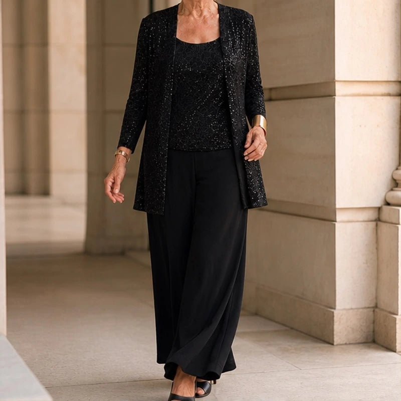 Galienne Sequined Wide-Leg Pant Set - Black - Women's Clothing > Matching Sets > Three-Piece Pant Sets - Hendlys - Image 1