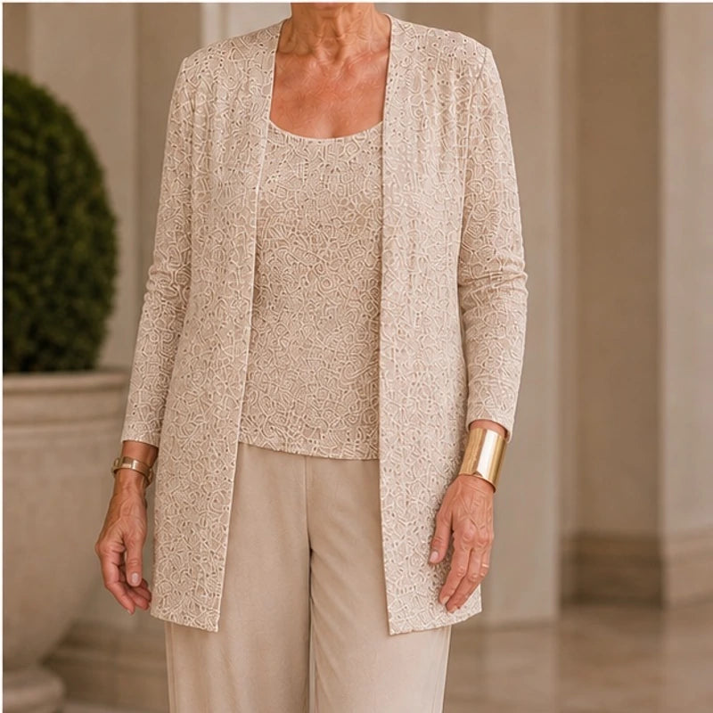 Galienne Sequined Wide-Leg Pant Set - Beige - Women's Clothing > Matching Sets > Three-Piece Pant Sets - Hendlys - Image 1