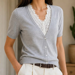 Giselle Scalloped Floral Lace Wool Sweater - Light Gray - Women's Clothing > Sweaters & Cardigans > Lace-Inset Short Sleeve Sweaters - Hendlys - Image 1