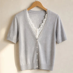 Giselle Scalloped Floral Lace Wool Sweater - Light Gray - Department: Women - Hendlys - Image 3