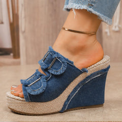 Grazia Denim Wedge Slide Sandals - Blue - denim sandals - Hendlys - Image 4