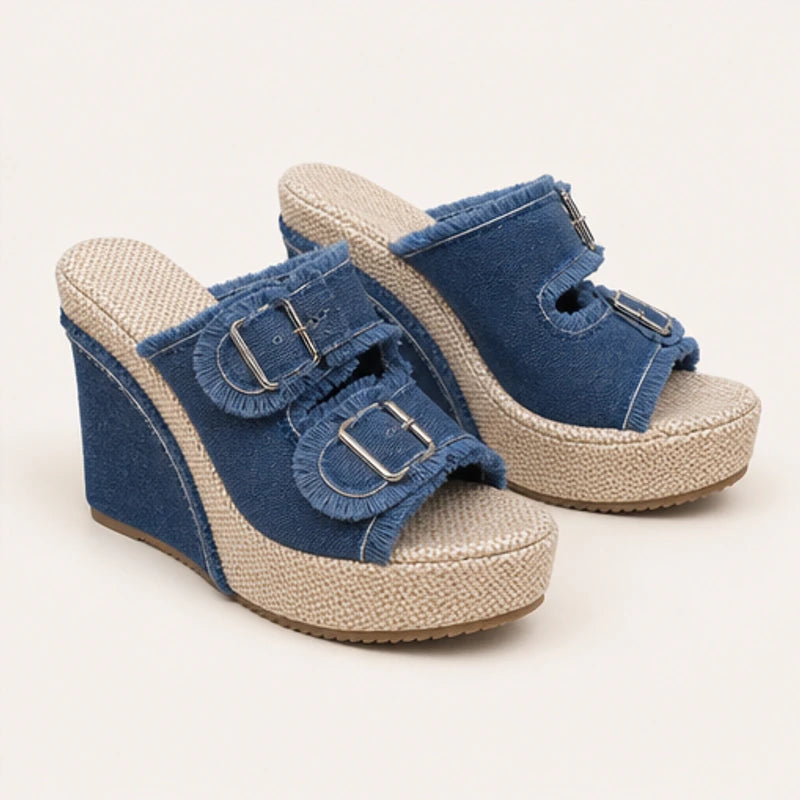 Grazia Denim Wedge Slide Sandals - Blue - women's sandals - Hendlys - Image 2