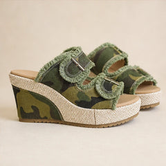 Grazia Denim Wedge Slide Sandals - Green Camo - wedge sandals - Hendlys - Image 3