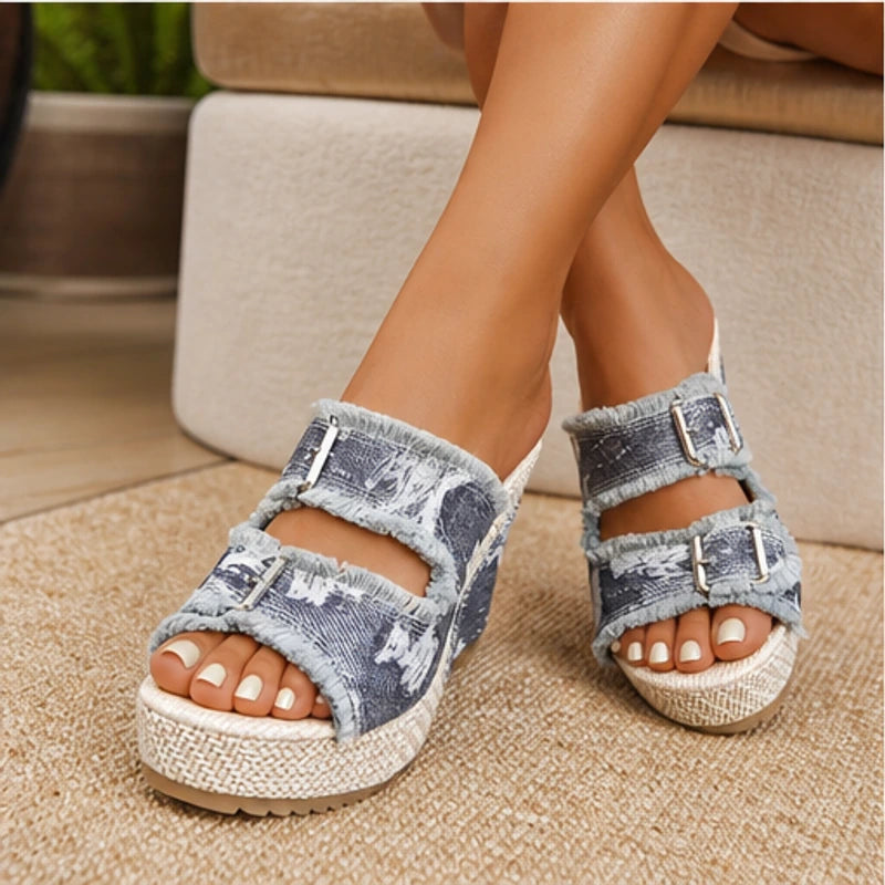 Grazia Denim Wedge Slide Sandals - Gray - women's sandals - Hendlys - Image 2
