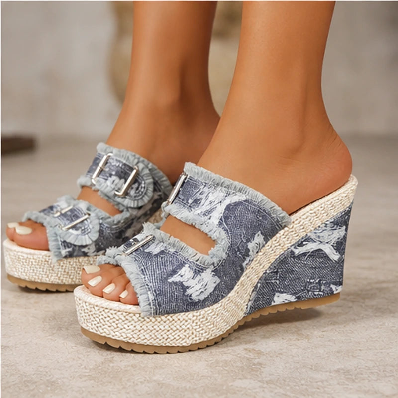 Grazia Denim Wedge Slide Sandals - Gray - wedge sandals - Hendlys - Image 3