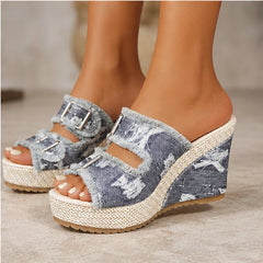 Grazia Denim Wedge Slide Sandals - Gray - wedge sandals - Hendlys - Image 3