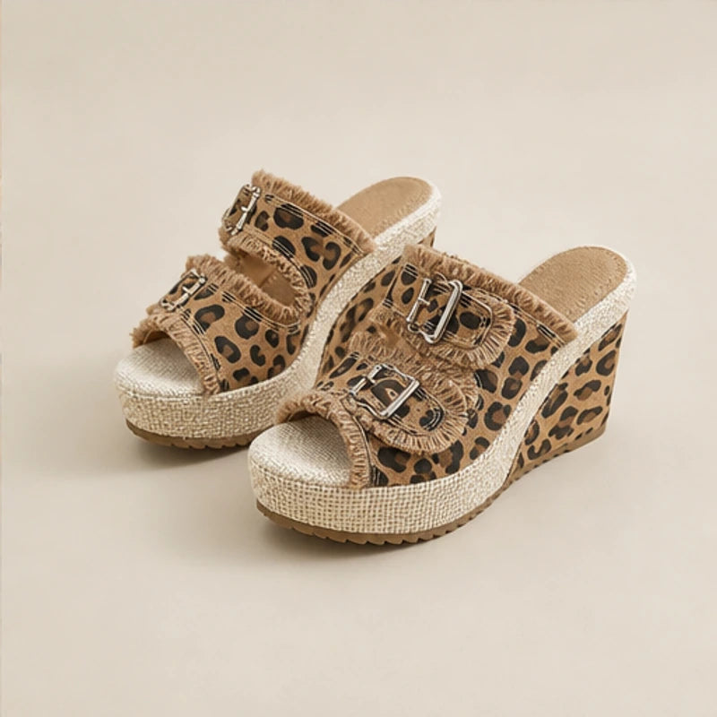 Grazia Denim Wedge Slide Sandals - Leopard - women's sandals - Hendlys - Image 2