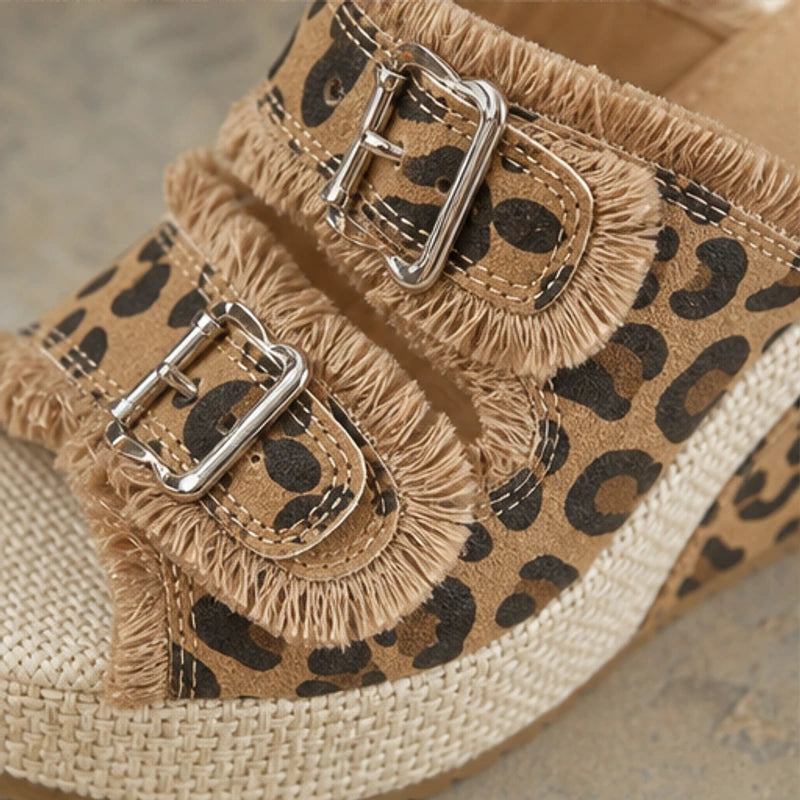 Grazia Denim Wedge Slide Sandals - Leopard - denim sandals - Hendlys - Image 4