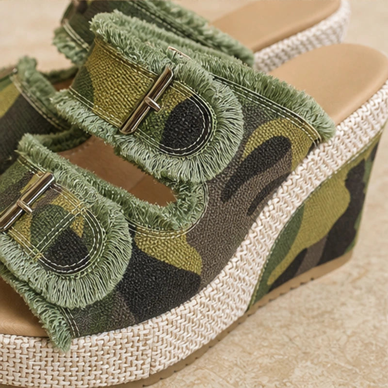 Grazia Denim Wedge Slide Sandals - Green Camo - denim sandals - Hendlys - Image 4