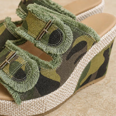 Grazia Denim Wedge Slide Sandals - Green Camo - denim sandals - Hendlys - Image 4