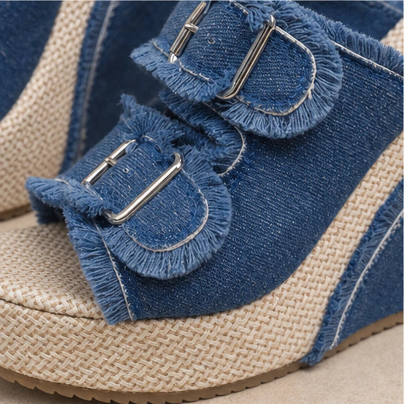 Grazia Denim Wedge Slide Sandals - Blue - wedge sandals - Hendlys - Image 3