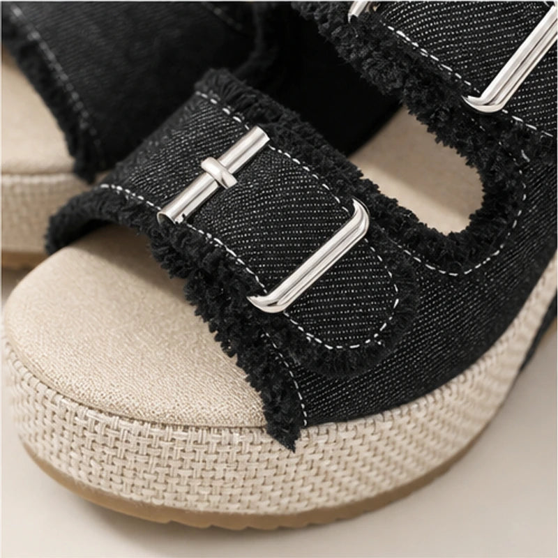 Grazia Denim Wedge Slide Sandals - Black - wedge sandals - Hendlys - Image 3