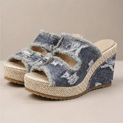 Grazia Denim Wedge Slide Sandals - Gray - denim sandals - Hendlys - Image 4