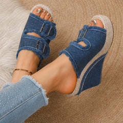 Grazia Denim Wedge Slide Sandals - Blue - Sandals - Hendlys - Image 1