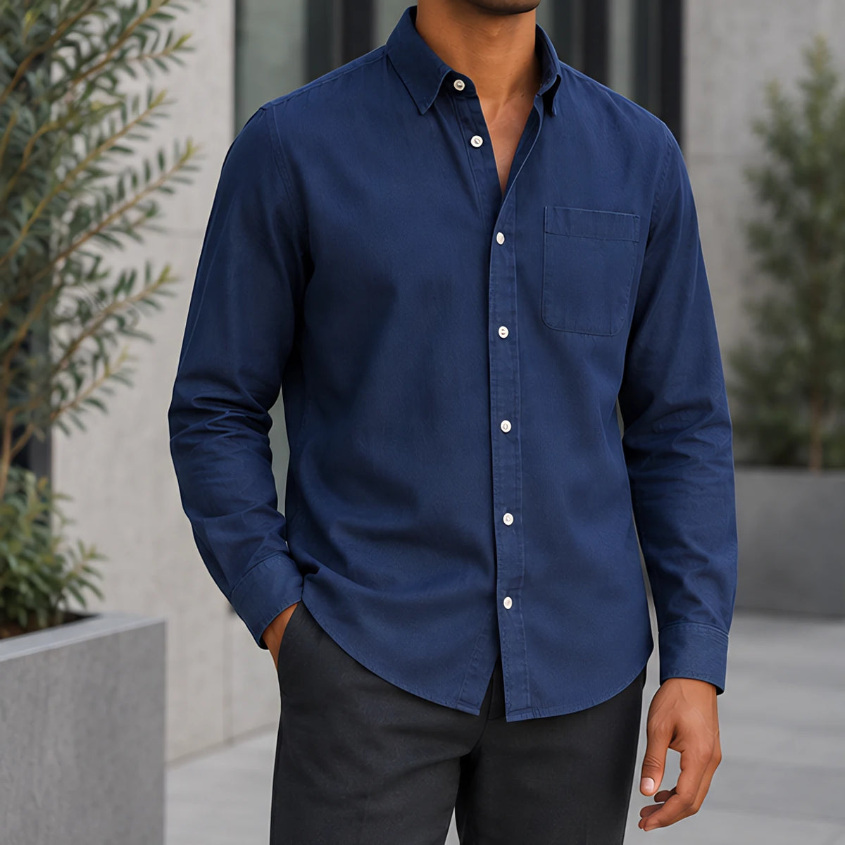 Greystone Men's Long Sleeve Cotton Chambray Shirt - Navy Blue - Men's Clothing > Shirts > Chambray Shirts - Hendlys - Image 1