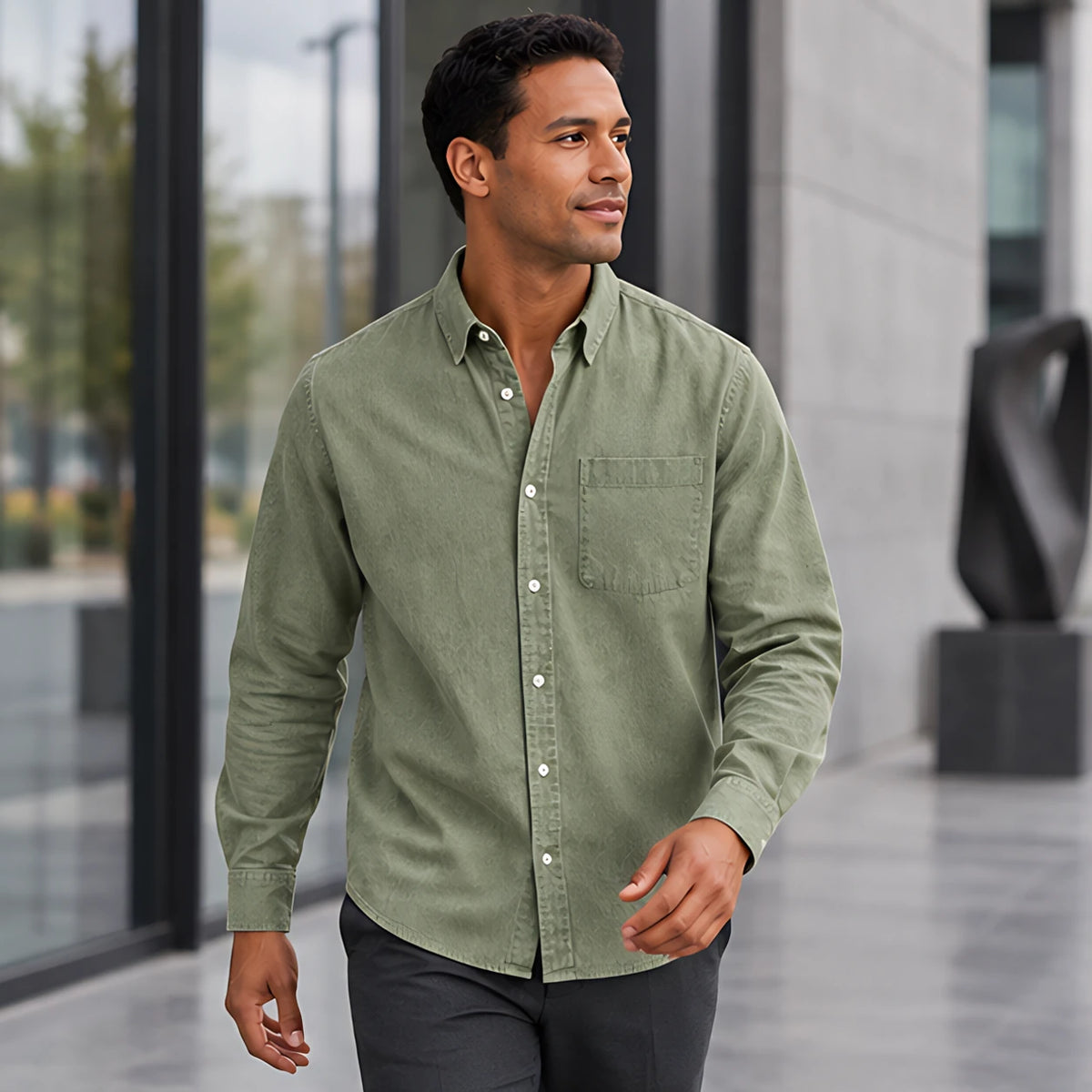 Greystone Men's Long Sleeve Cotton Chambray Shirt - Green - Men's Clothing > Shirts > Chambray Shirts - Hendlys - Image 1