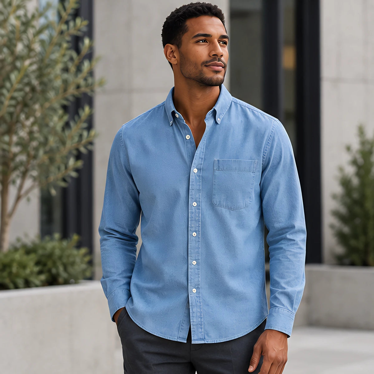 Greystone Men's Long Sleeve Cotton Chambray Shirt - Light Blue - Men's Clothing > Shirts > Chambray Shirts - Hendlys - Image 1