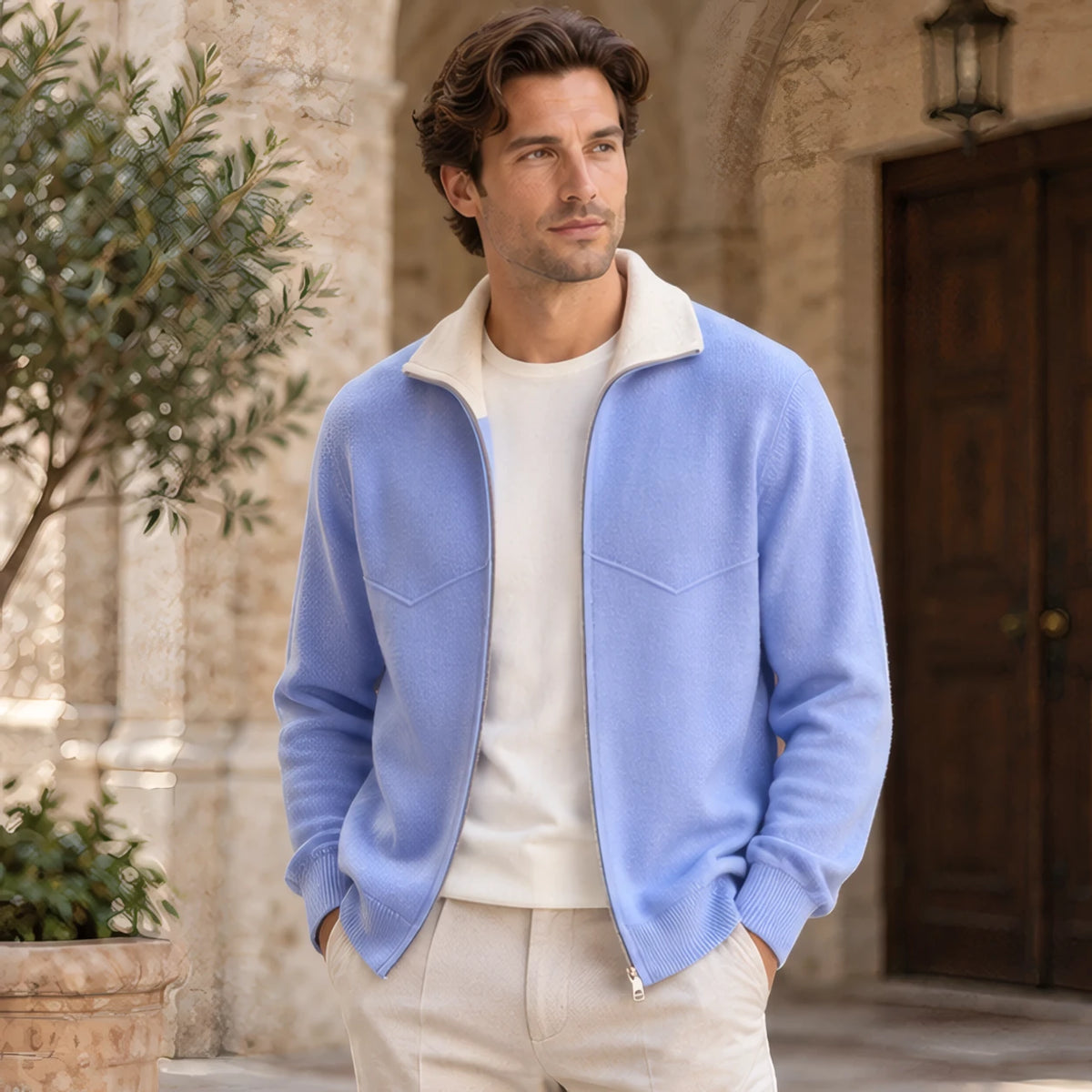 Hartwell Cashmere Zip Cardigan - Sky Blue - Clothing > Knitwear > Zip Cardigans - Hendlys - Image 1