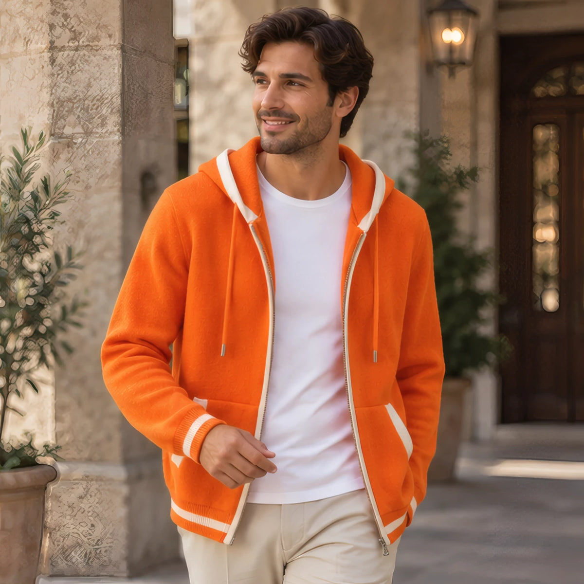 Hartwell Cashmere Zip Hoodie - Orange/White - Clothing > Sweaters & Cardigans > Full-Zip Hoodies - Hendlys - Image 2