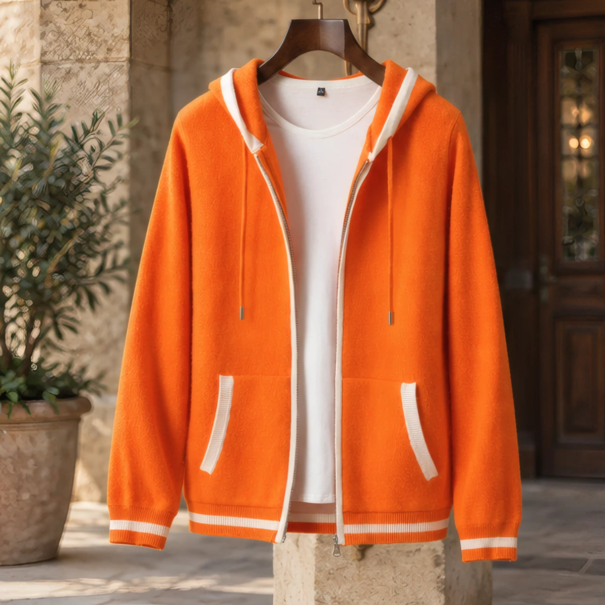 Hartwell Cashmere Zip Hoodie - Orange/White - cashmere - Hendlys - Image 3