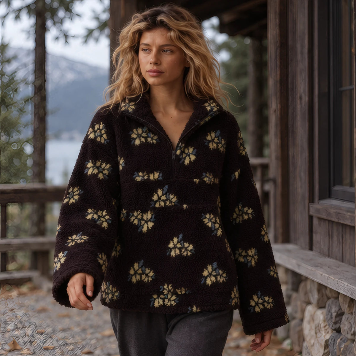 Heloise Women's Floral Sherpa Pullover - Black - Clothing > Tops > Fleece Pullovers - Hendlys - Image 2