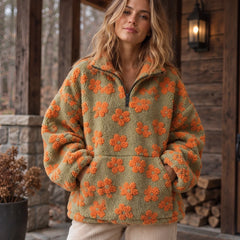 Heloise Women's Floral Sherpa Pullover - Orange - Clothing > Tops > Fleece Pullovers - Hendlys - Image 1