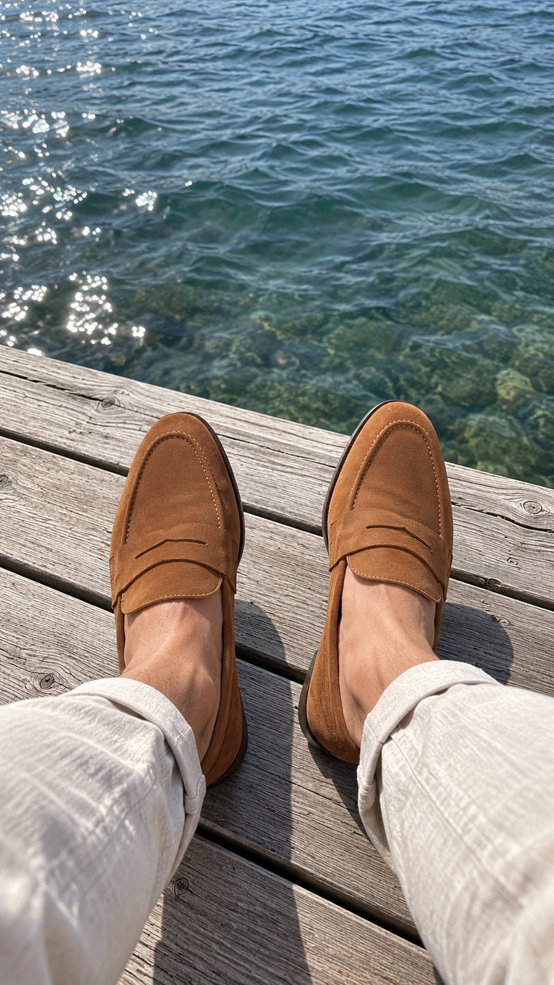 Customer photo of Moretti Men's Suede Penny Loafers (Tan)