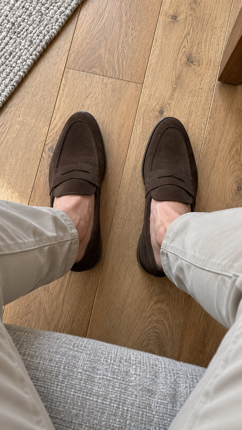 Customer photo of Moretti Men's Suede Penny Loafers (Dark Brown)