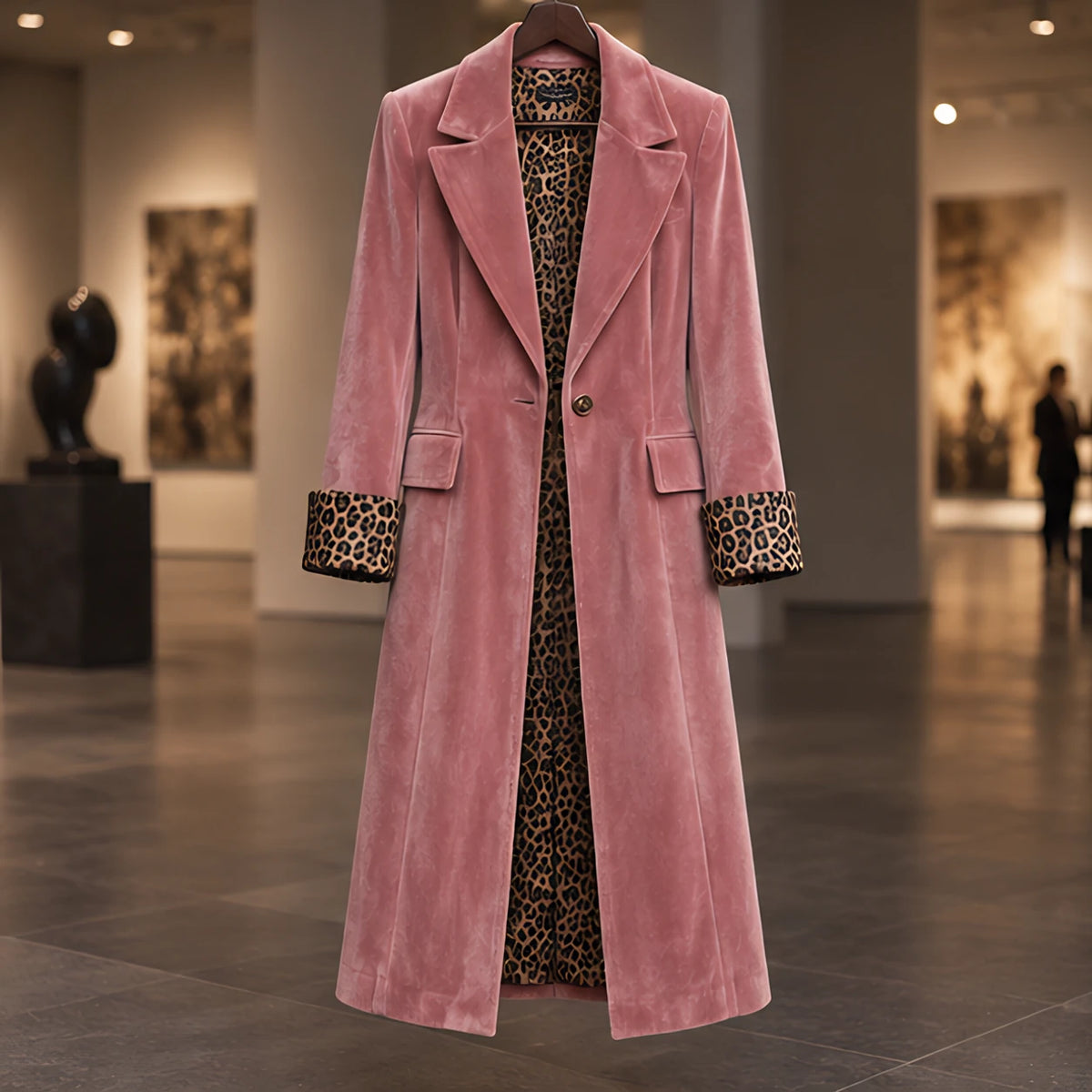 Iridessa Women's Single-Breasted Floor-Length Velvet Duster Coat - Pink - ai-processed - Hendlys - Image 3