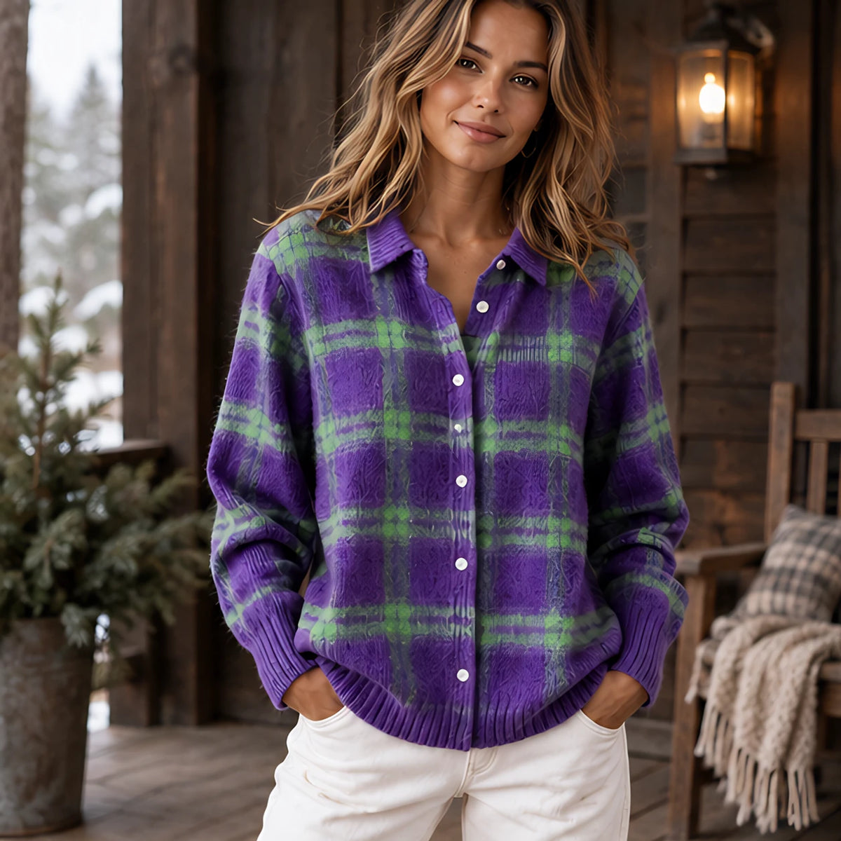 Josette Women's Plaid Knit Cardigan - Purple Green - Clothing > Cardigan > Casual > Knit > Plaid - Hendlys - Image 1